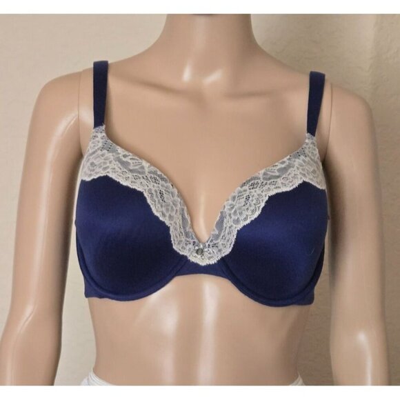 Victoria’s Secret Lined Perfect Coverage blue with lace trim Bra size 34D - Picture 1 of 5